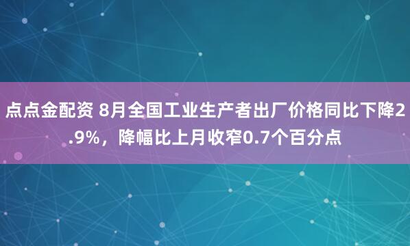 点点金配资 8月全国工业生产者出厂价格同比下降2.9%，降幅比上月收窄0.7个百分点